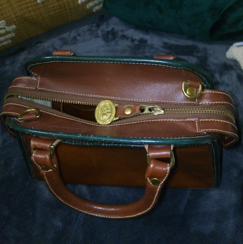 Brahmin Mini Bowler Leather Top Handle Satchel in Cognac Brown with Green Trim - Picture 5 of 14